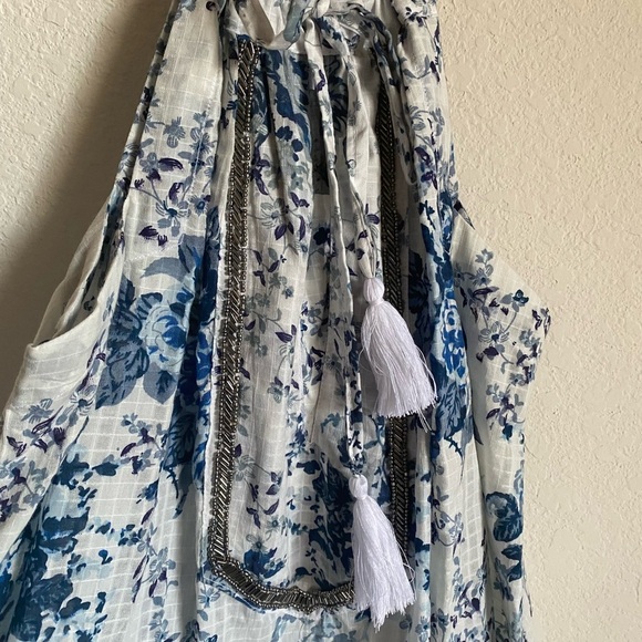 MIRA PIERINA FLORAL SILVER EMBROIDERY TASSEL TIE SHORT BOHO BEACH DRESS SIZE M - Picture 4 of 13